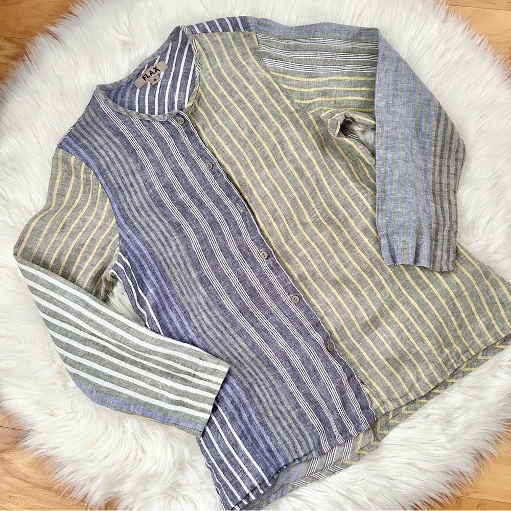 FLAX Striped 3/4 Sleeve Button Down Linen Shirt Size Small
